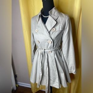 Khaki Trench Double Breasted Jacket with flared bottom and matching tie belt.